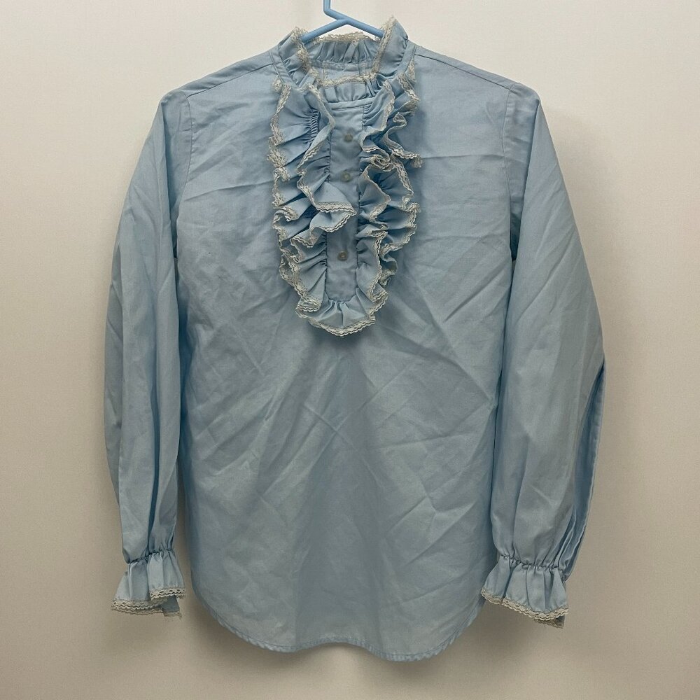 Vintage ILGWU Union Made Women Ruffle Blouse Shirt Top Blue Long Sleeve Pullover